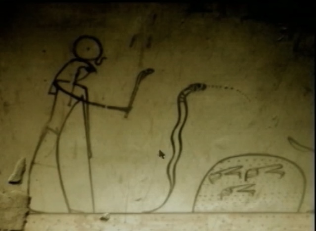 Egyptian hieroglyphic showing Ra the sun god with serpent imagery
